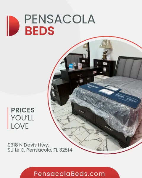 Affordable beds and brand-new mattresses on display inside our local Pensacola warehouse showroom