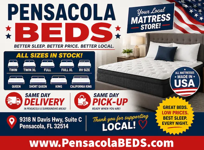 Inside Pensacola Beds mattress store showcasing various beds and sizes in Pensacola, FL